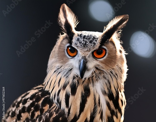 Eagle owl bubo bubo close-up, bird of prey in sun