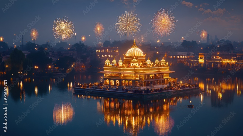 Fototapeta premium Golden fireworks bursting in the sky above a Diwali-lit city