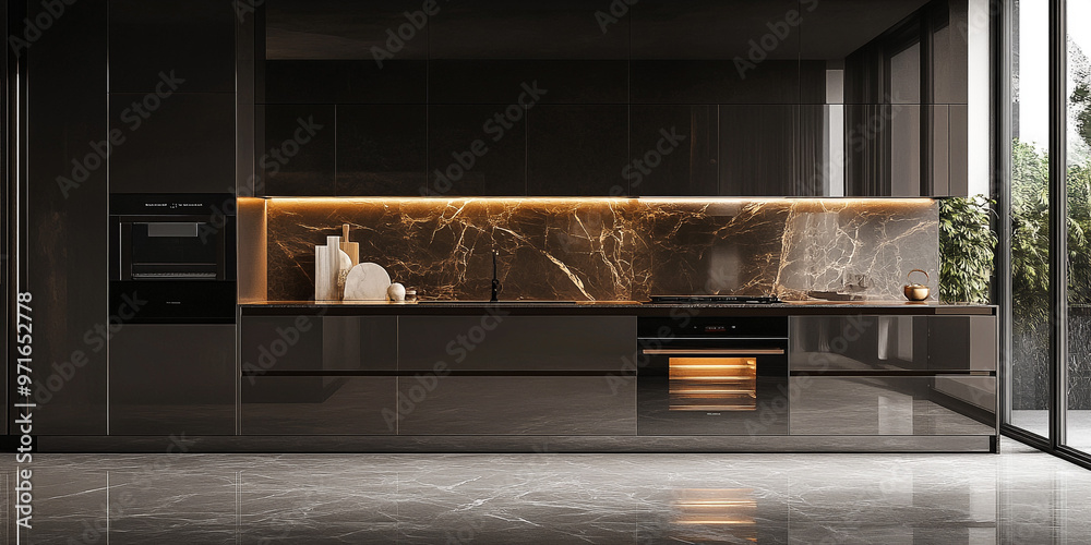 A modern, open-concept living room and kitchen in a minimalist style. The kitchen features sleek, matte black cabinets extending from floor to ceiling, with a dark marble backsplash. Built-in stainles A modern, open-concept living room and kitchen in a minimalist style. The kitchen features sleek, matte black cabinets extending from floor to ceiling, with a dark marble backsplash. Built-in stainles