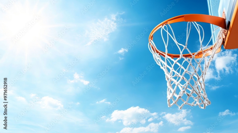 Scoring in basketball, net and blue sky scene Scoring in basketball, net and blue sky scene