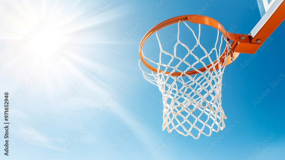 Scoring in basketball, net and blue sky scene Scoring in basketball, net and blue sky scene