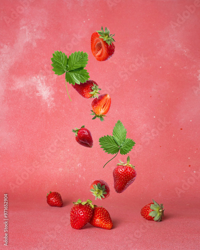 Strawberry levitation in the air on a red background