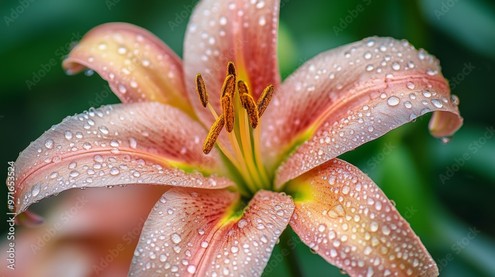 A close-up of a lily with dew drops on its petals, the water droplets enhancing the flower's natural beauty and intricate details. A close-up of a lily with dew drops on its petals, the water droplets enhancing the flower's natural beauty and intricate details.