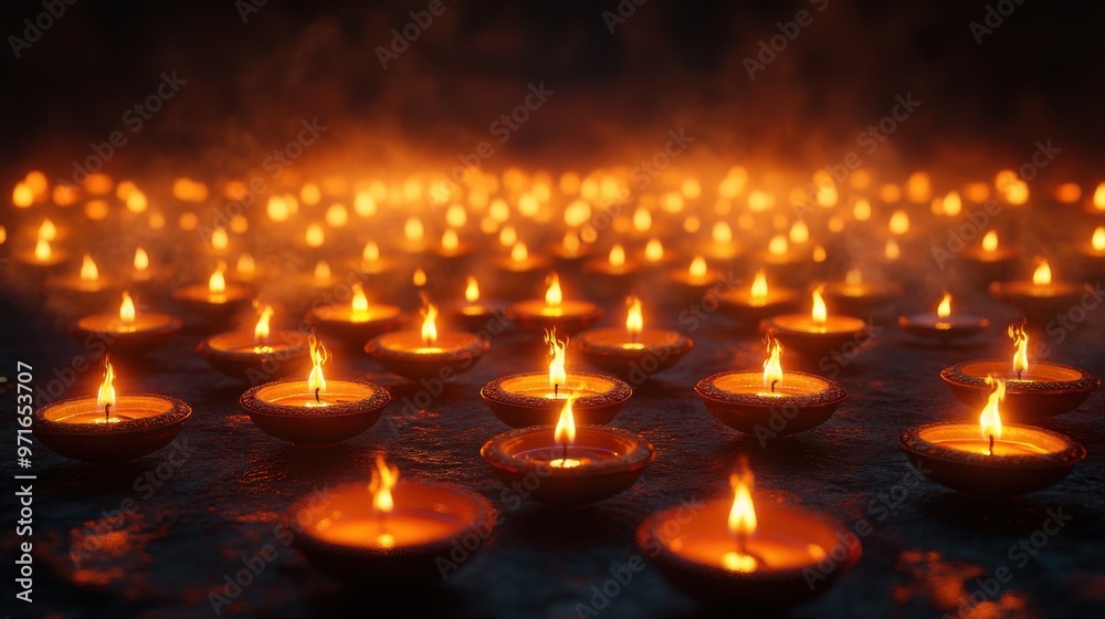 Multiple Diwali candles arranged in a pattern, glowing softly and beautifully Multiple Diwali candles arranged in a pattern, glowing softly and beautifully
