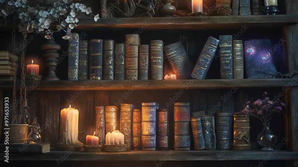 A cozy library shelf filled with ancient books, glowing candles, and decorative items in a warm, inviting atmosphere A cozy library shelf filled with ancient books, glowing candles, and decorative items in a warm, inviting atmosphere