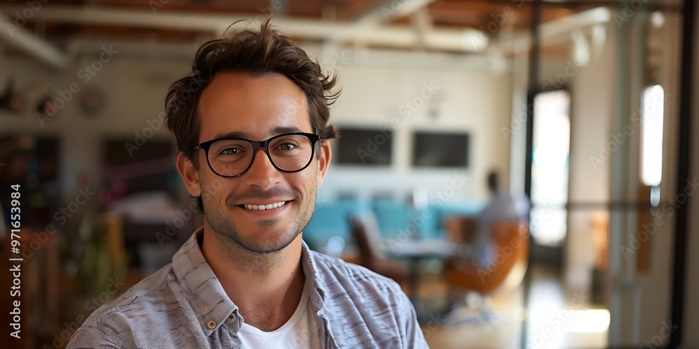 Obraz premium Businessman with glasses and a casual shirt, smiling confidently in a stylish office with a conference room visible behind him, 