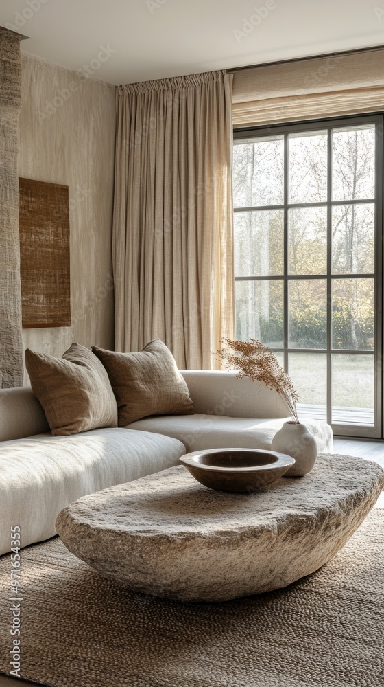 Cozy Earth-Toned Living Room with Natural Stone Coffee Table - A serene living room featuring a minimalist design, earthy tones, a stone coffee table, and natural light from large windows. Cozy Earth-Toned Living Room with Natural Stone Coffee Table - A serene living room featuring a minimalist design, earthy tones, a stone coffee table, and natural light from large windows.