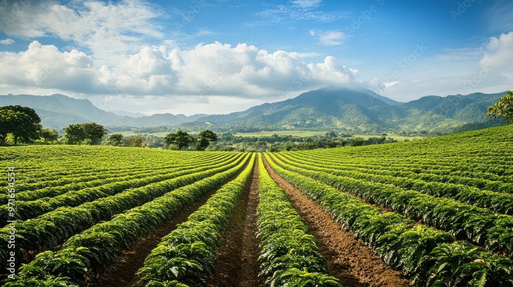 A scenic view of a coffee farm with rows of coffee plants and a distant mountain backdrop A scenic view of a coffee farm with rows of coffee plants and a distant mountain backdrop