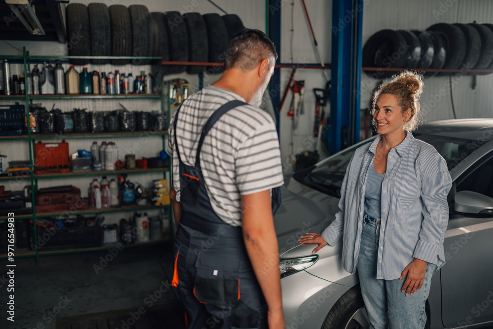 Customer is smiling at serviceman at mechanic shop and leaning on a car