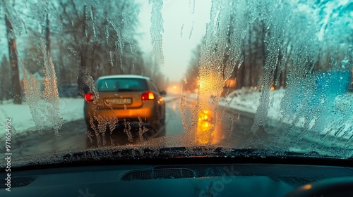 Frost on a car window with a blurred winter scene photo