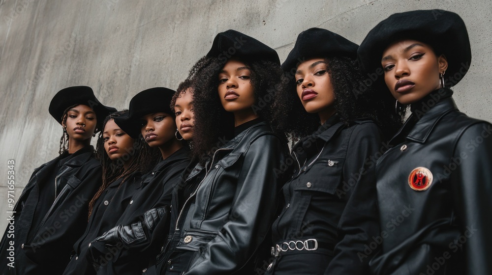 A tribute to Black Panther Party fashion, with models wearing black leather jackets, berets, and combat boots, combined with cultural symbols and revolutionary spirit A tribute to Black Panther Party fashion, with models wearing black leather jackets, berets, and combat boots, combined with cultural symbols and revolutionary spirit