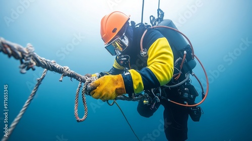 Subsea welding scene, diver repairing critical structures