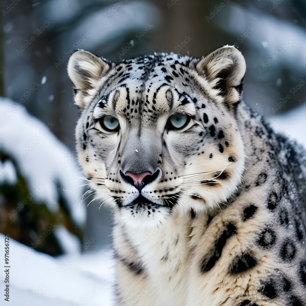 Obraz premium Portrait of a snow leopard in a snowy forest. AI generated