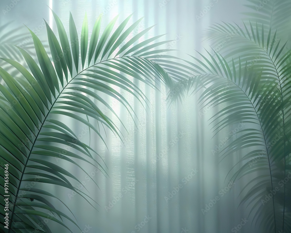 Green palm with reeded glass. White Reeded Glass. Plant leaves. Ribbed Background. Pure abstract design on empty background for clean modern look. Sunny banner for minimal wood presentation. Green palm with reeded glass. White Reeded Glass. Plant leaves. Ribbed Background. Pure abstract design on empty background for clean modern look. Sunny banner for minimal wood presentation.