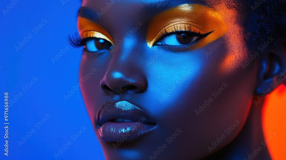 Close-up Portrait of a Woman with Golden Eye Makeup and Blue and Red Lighting Close-up Portrait of a Woman with Golden Eye Makeup and Blue and Red Lighting