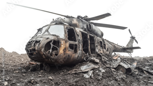 wreckage of a burned military combat helicopter on transparent background photo