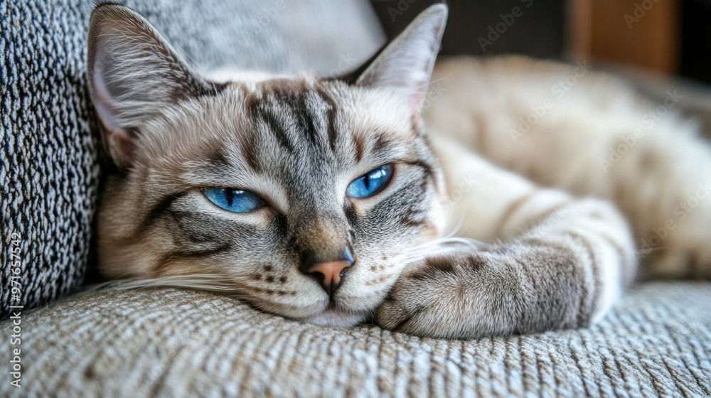 Cat with blue eyes resting on a sofa, eyes half-closed, serene and peaceful expression, warm and cozy home environment Cat with blue eyes resting on a sofa, eyes half-closed, serene and peaceful expression, warm and cozy home environment