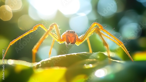 Macro spider contrasted against vibrant blue nature scene picture photo