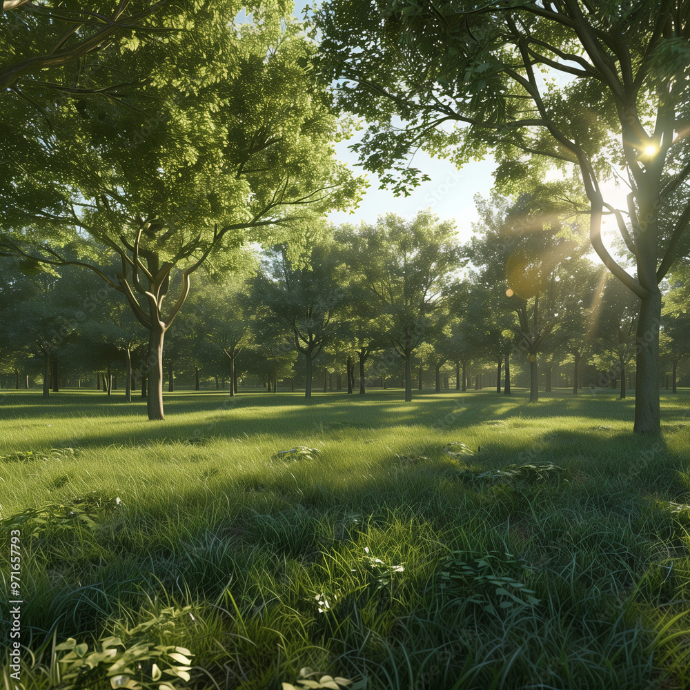 Fototapeta premium A serene nature scene with tall, lush trees, vibrant green grass, and soft sunlight filtering through the leaves, creating a peaceful atmosphere perfect for outdoor-themed designs.