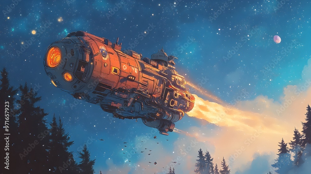 Crayon Sketched Spaceship Soaring Through Starry Night Sky Crayon Sketched Spaceship Soaring Through Starry Night Sky