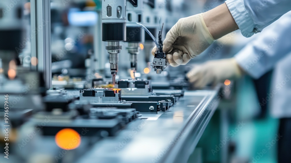 Close-up of an assembly line, workers meticulously handling small components, advanced technology in action, industrial precision
