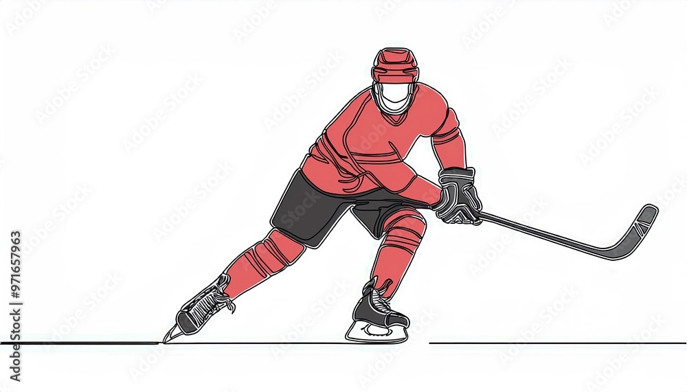 Fototapeta premium Single continuous line drawing of hockey player on skates