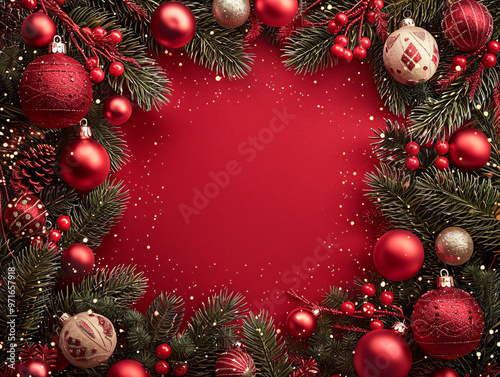 Christmas wreath mockup with lots of red, green and gold ornaments on a red background