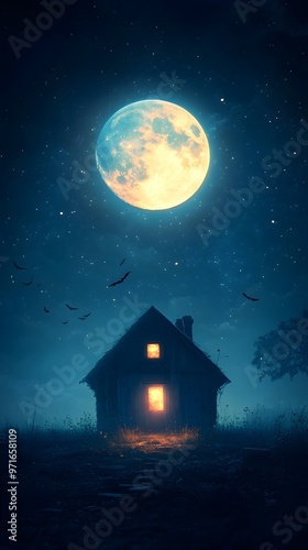 Wallpaper Mural Creepy Haunted Mansion with Ominous Full Moon and Bats in the Night Sky Torontodigital.ca