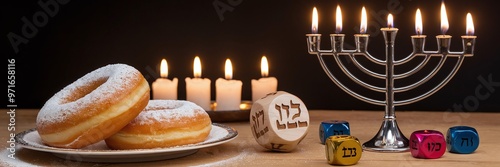 Festive Hanukkah Setting with Doughnuts, Dreidels, and Lit Menorah photo