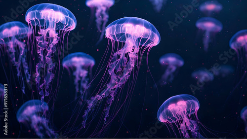 glowing sea jellyfishes on dark background, neural network generated 