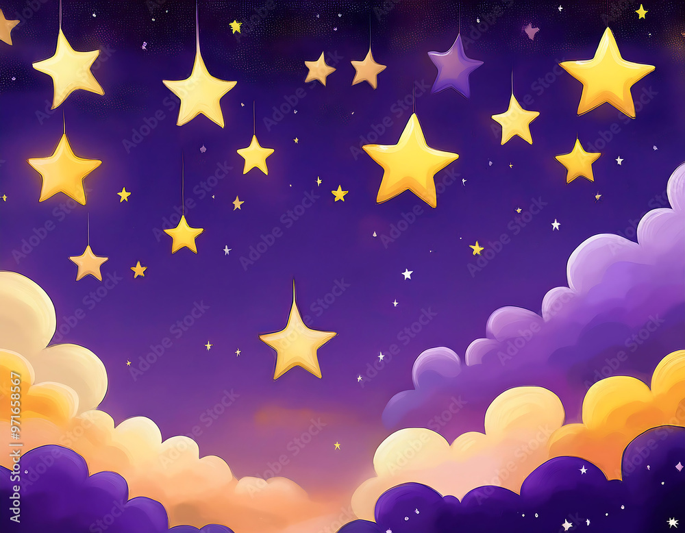 Fototapeta premium Purple night sky animation with stars and yellow clouds, ideal for a children’s lullaby or _1(693)