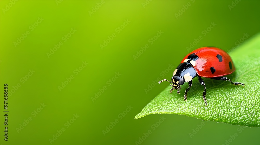 Detailed Close up View of a Crimson Spotted Ladybug Crawling on a Vibrant Green Leaf Detailed Close up View of a Crimson Spotted Ladybug Crawling on a Vibrant Green Leaf