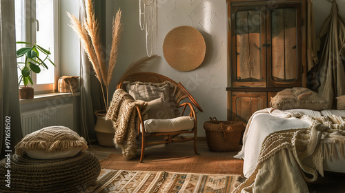 interior of a living room, bohemian home decor, boho chic interior, free-spirited interior, boheme style photo