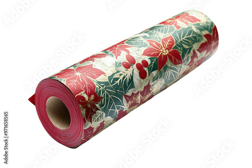 Christmas Wrapping Paper Roll with Holly and Poinsettia Pattern - Isolated on White Transparent Background, PNG 