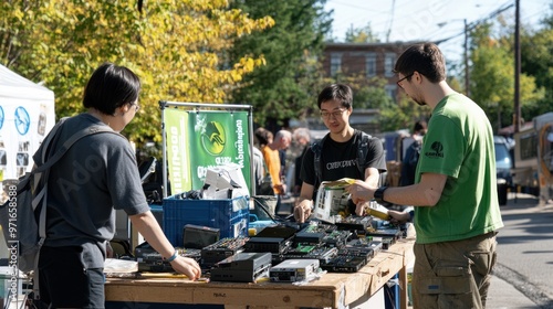 Community e-waste event, showing a lively scene with volunteers collecting e-waste from local residents, banners promoting sustainability, friendly and community-driven atmosphere