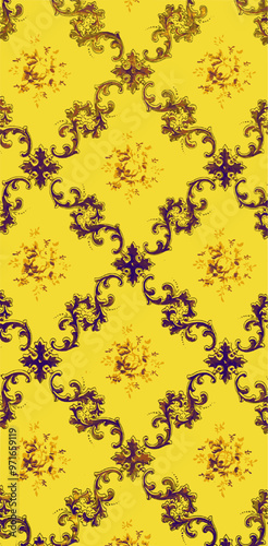 An elegant yellow damask pattern with dark purple ornate flourishes, evoking a vintage textile or antique wallpaper.