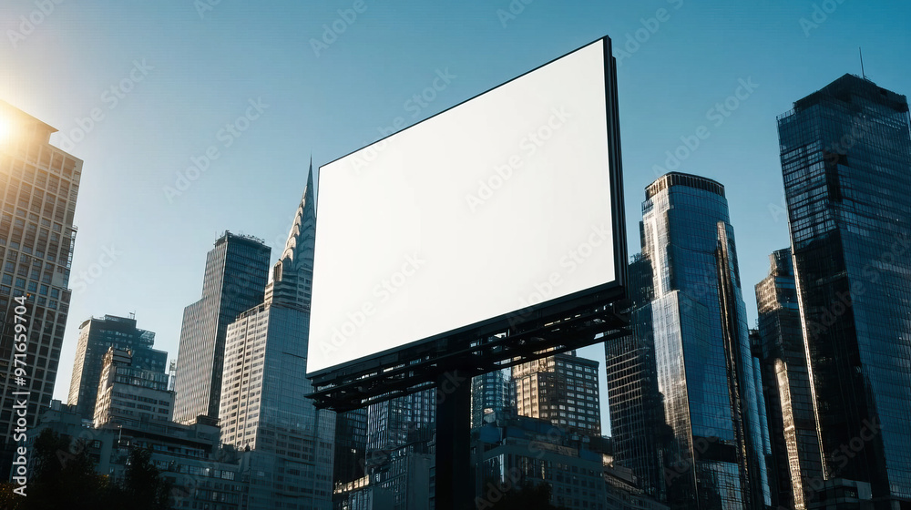 A blank billboard stands tall against a city skyline, ready for advertisements and promotions in an urban setting. A blank billboard stands tall against a city skyline, ready for advertisements and promotions in an urban setting.