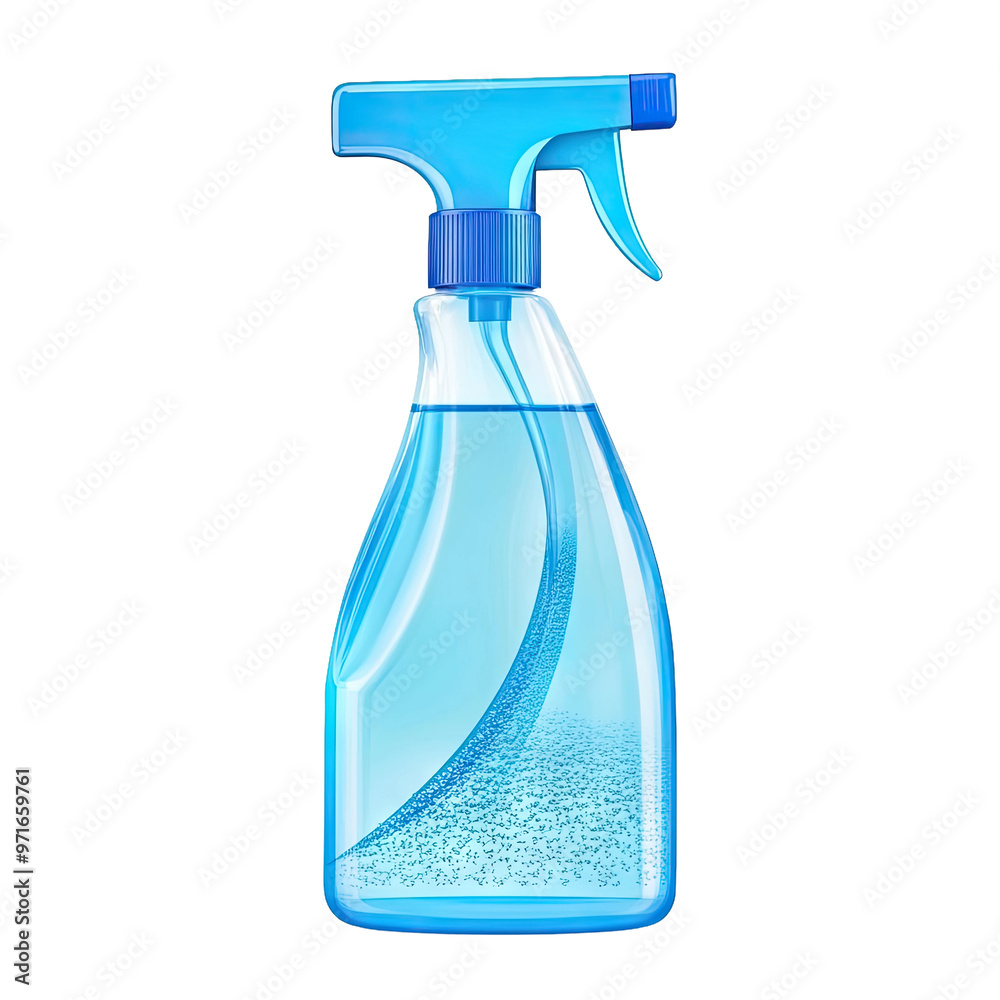 Blue spray bottle with a clear liquid Blue spray bottle with a clear liquid