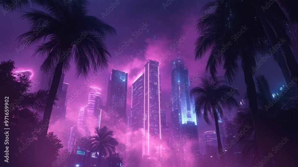 Obraz premium Neon-Lit Skyscrapers with Palm Trees in a Pink Foggy Night