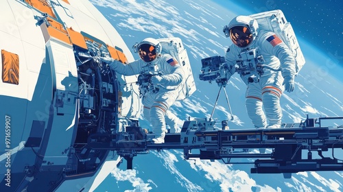 Human spaceflight, astronauts working together on a space station, performing scientific experiments, teamwork and high-tech environment