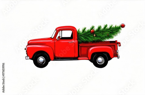 Christmas card. Illustration. A red pickup truck drives a Christmas tree on a white background. Watercolor.