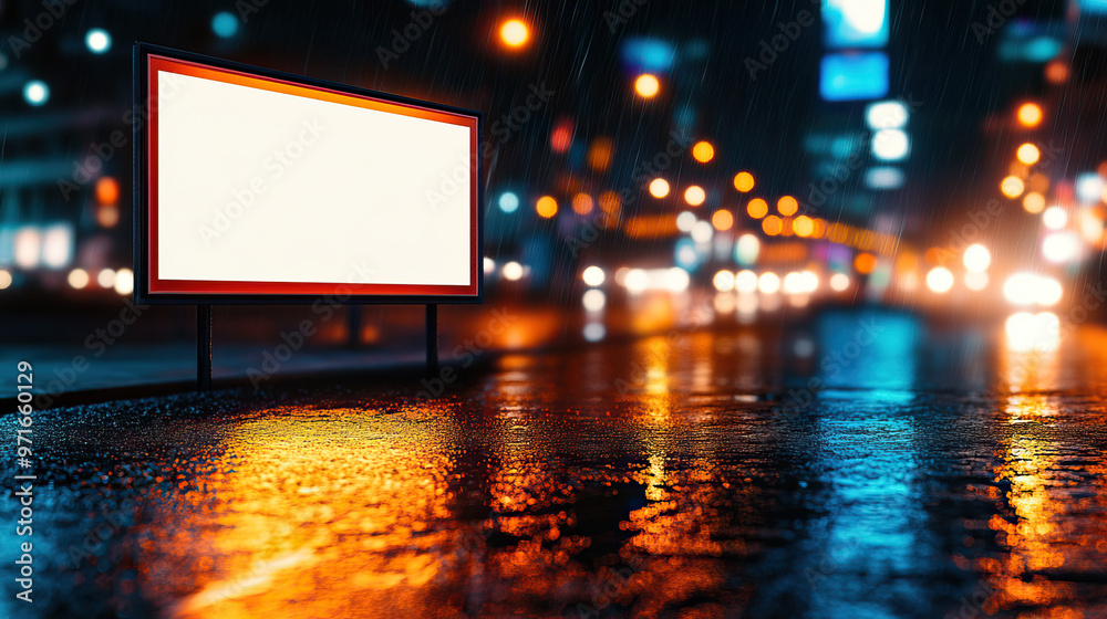 A reflective street scene at night featuring a blank billboard illuminated by city lights and raindrops on the pavement. A reflective street scene at night featuring a blank billboard illuminated by city lights and raindrops on the pavement.