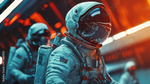Human spaceflight scene, astronauts preparing for launch, wearing space suits and checking equipment, high-energy and intense atmosphere