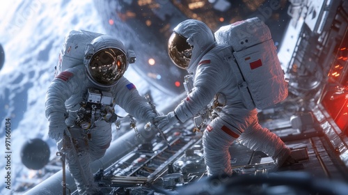 Human spaceflight scene, astronauts preparing for launch, wearing space suits and checking equipment, high-energy and intense atmosphere