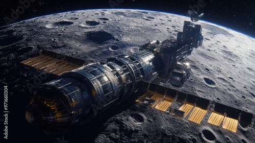 Lunar Gateway concept art, futuristic space station design, orbiting the Moon with spacecraft approaching, innovative and forward-thinking