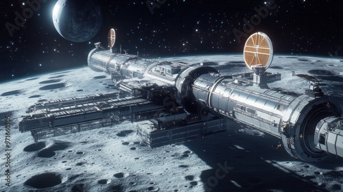 Lunar Gateway concept art, futuristic space station design, orbiting the Moon with spacecraft approaching, innovative and forward-thinking