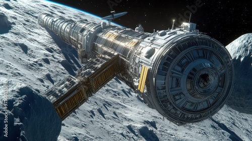 Lunar Gateway concept art, futuristic space station design, orbiting the Moon with spacecraft approaching, innovative and forward-thinking