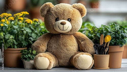 Smiling Teddy Bear Surrounded by Potted Plants and Flowers photo