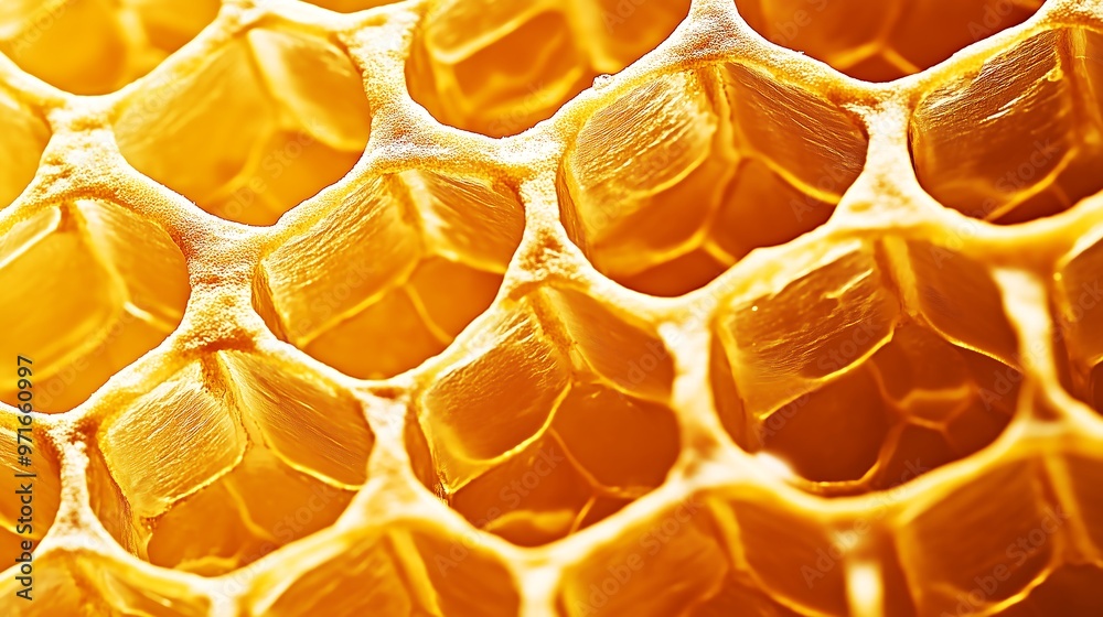 Detailed Close-Up of Golden Honeycomb with Textured Hexagonal Cells Detailed Close-Up of Golden Honeycomb with Textured Hexagonal Cells