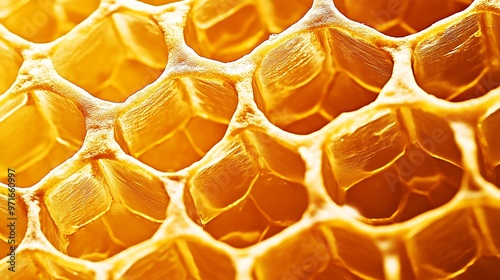 Detailed Close-Up of Golden Honeycomb with Textured Hexagonal Cells photo